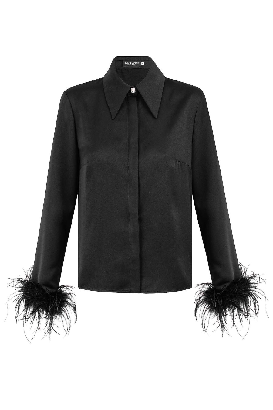 Camisas E Blusas Elsa Barreto | Camisa De Plumas Em Preto Com Botao Joia