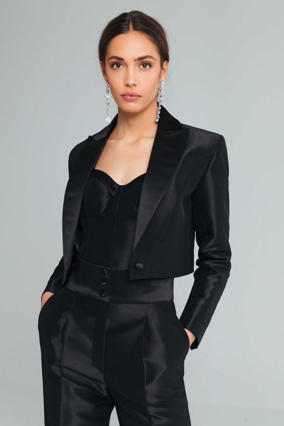 Casacos Elsa Barreto | Smoking Cropped Blazer Preto